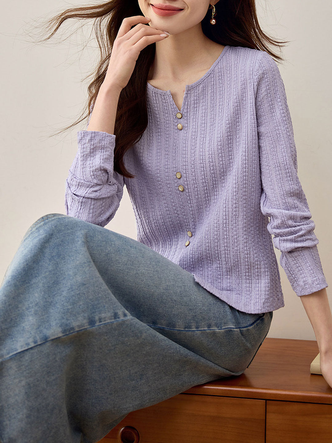 Mariah Elegant Crew Neck Textured Button Top