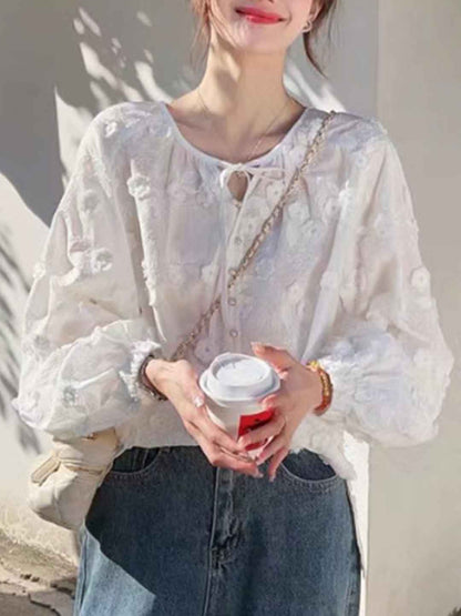 Mariah Chic Solid Color Lace Embroidered Shirt