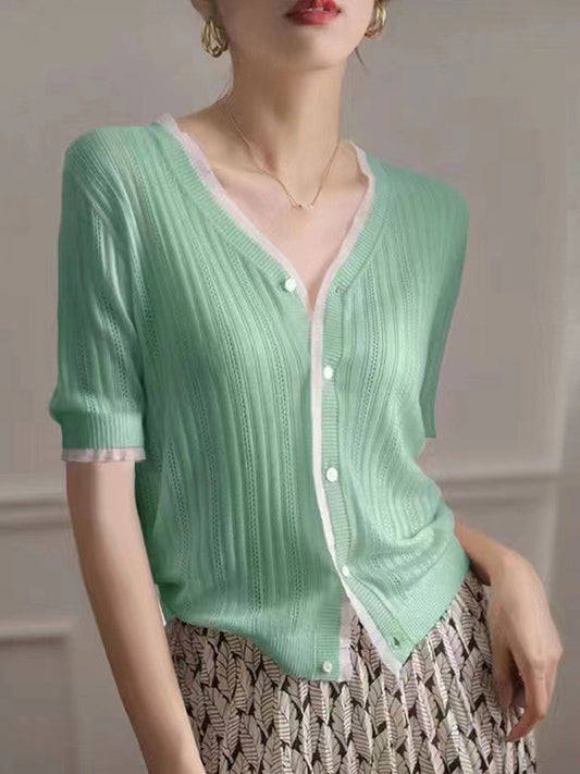 Genesis Elegant V-Neck Lace Stitching Knitted Cardigan-White