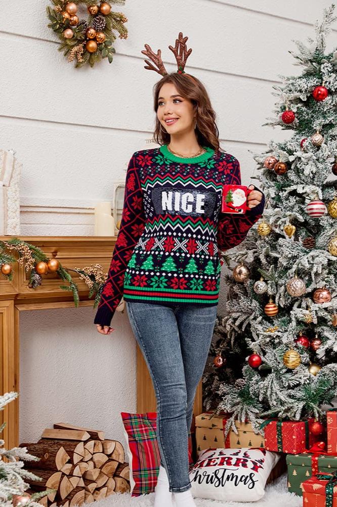 Suéter de punto jacquard navideño con bordado de lentejuelas