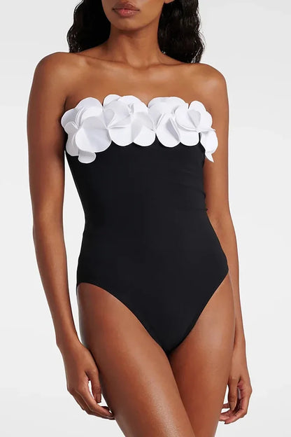 3D Floral Strapless Black Swimsuit
