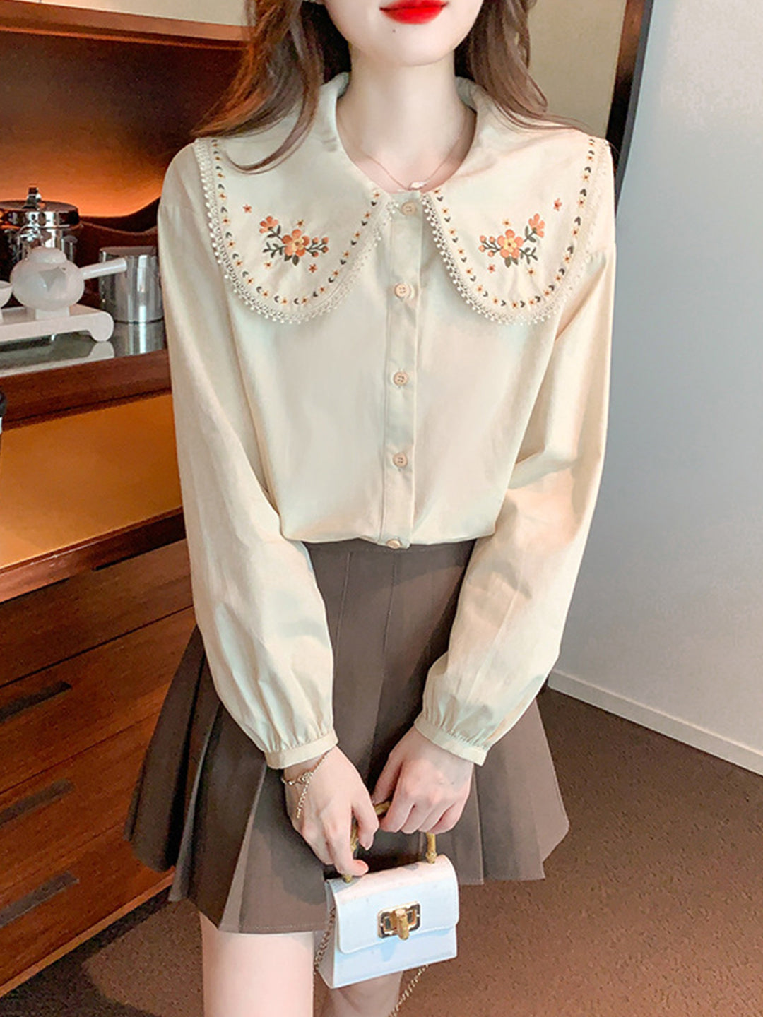 Mia French French Embroidery Doll Collar Shirt