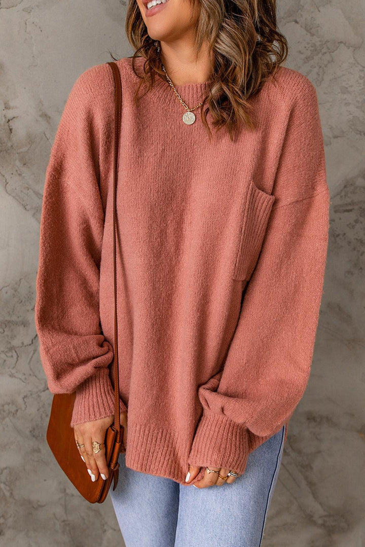 Jersey de punto rosa extragrande con cuello redondo y bolsillo para mujer | Ideal para otoño/invierno