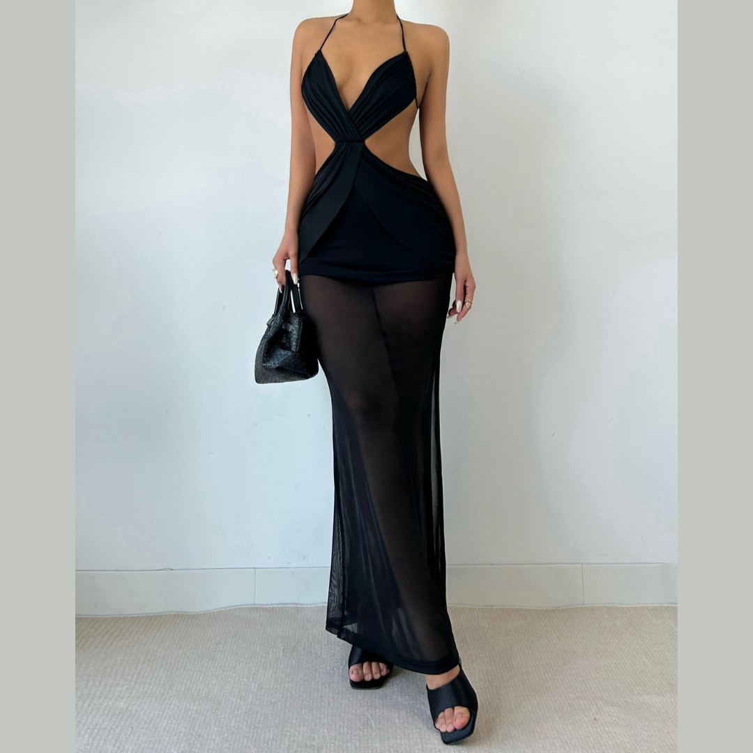 Halter ruched mesh backless self tie maxi dress  | Festival Outfits Women