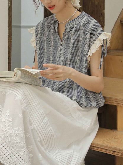 Molly Elegant V-Neck Plaid Patchwork Lace Top