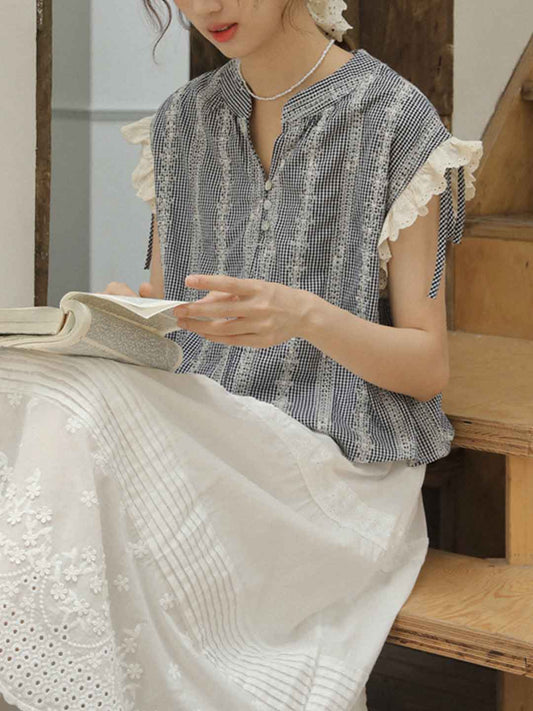 Molly Elegant V-Neck Plaid Patchwork Lace Top