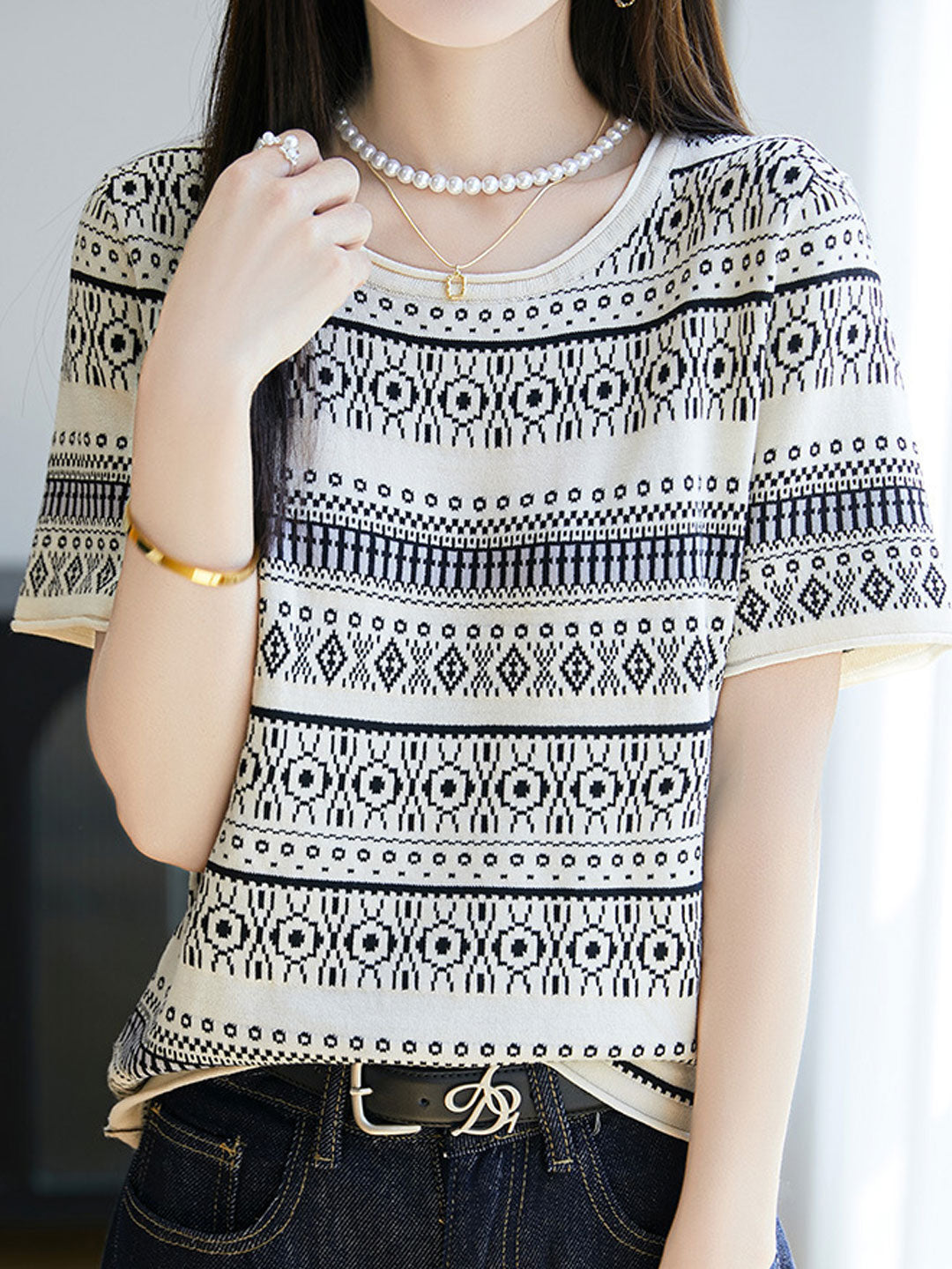 Kylie Retro Crew Neck Jacquard Knitted Top