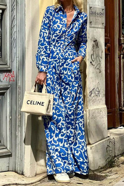 Blue Vine Print Midi Jumpsuit