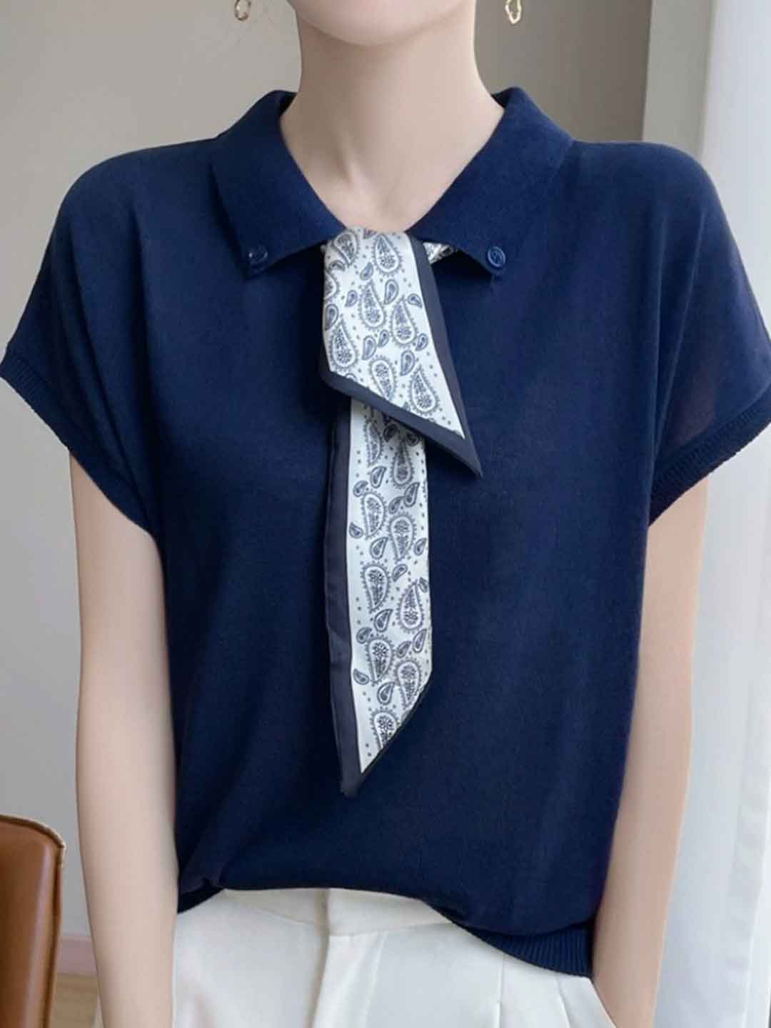 Maria Elegant Polo Collar Knitted Top-Navy Blue