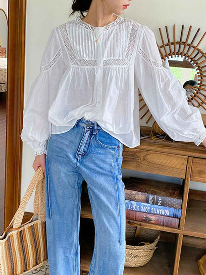 Layla Vintage Crew Neck Balloon Sleeve Hollowed Top