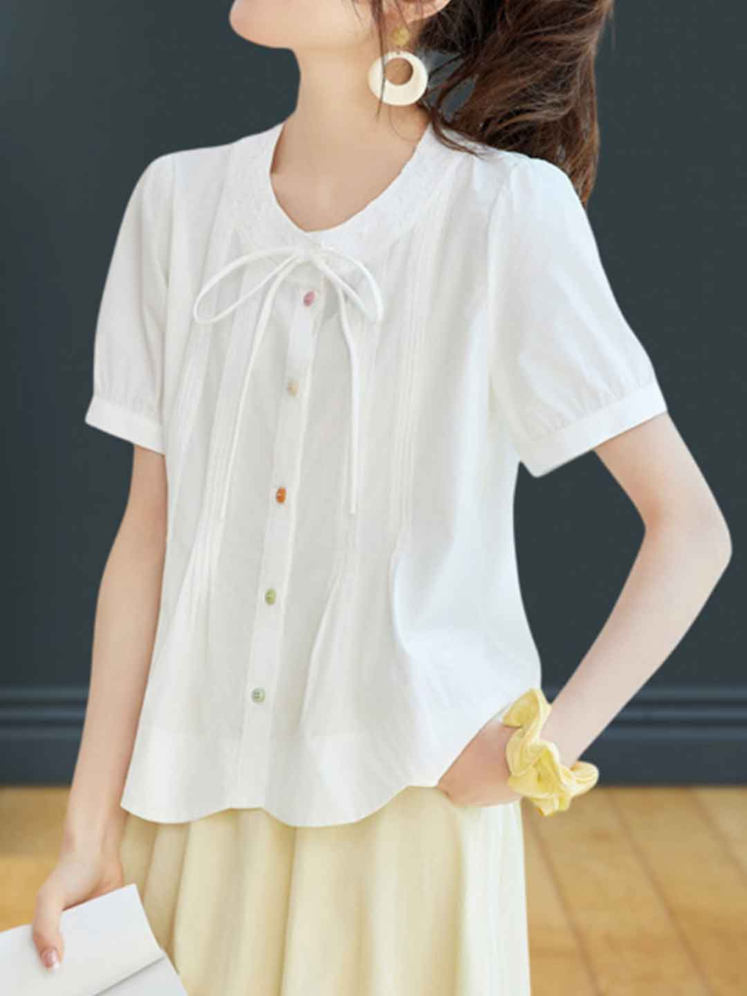 Maya Loose Crew Neck Puff Sleeve Bow Tie Top
