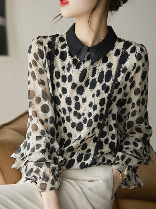 Sophia Elegant Lace Ruffle Patchwork Printed Blouse