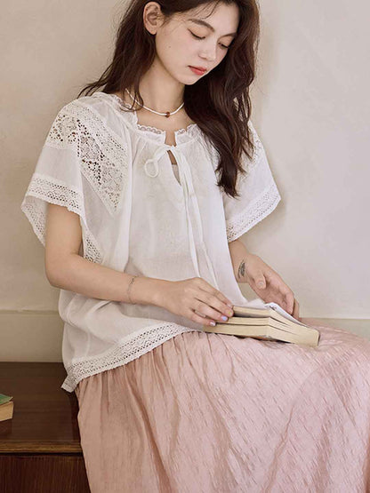 Jessica Chic Lace Embroidered Hollowed Tie Shirt
