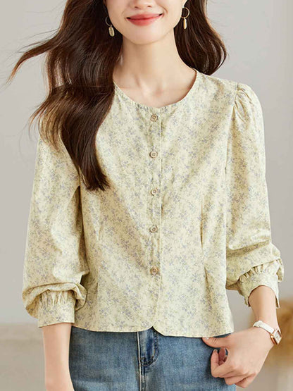 Trinity Loose Crew Neck Puff Sleeve Floral Blouse
