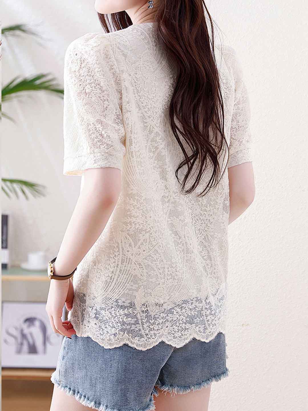 Kylie Elegant V-Neck Crochet Lace Blouse