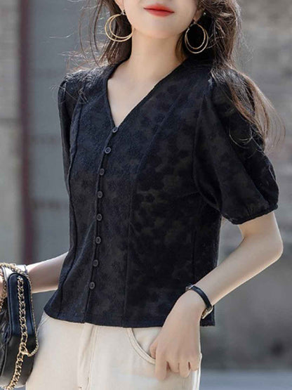 Kylie Elegant V-Neck Puff Sleeve Jacquard Cardigan