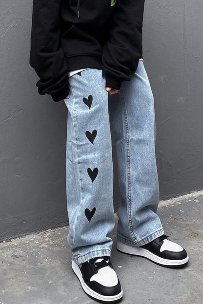 Long Heart Pattern Men Jeans Pants