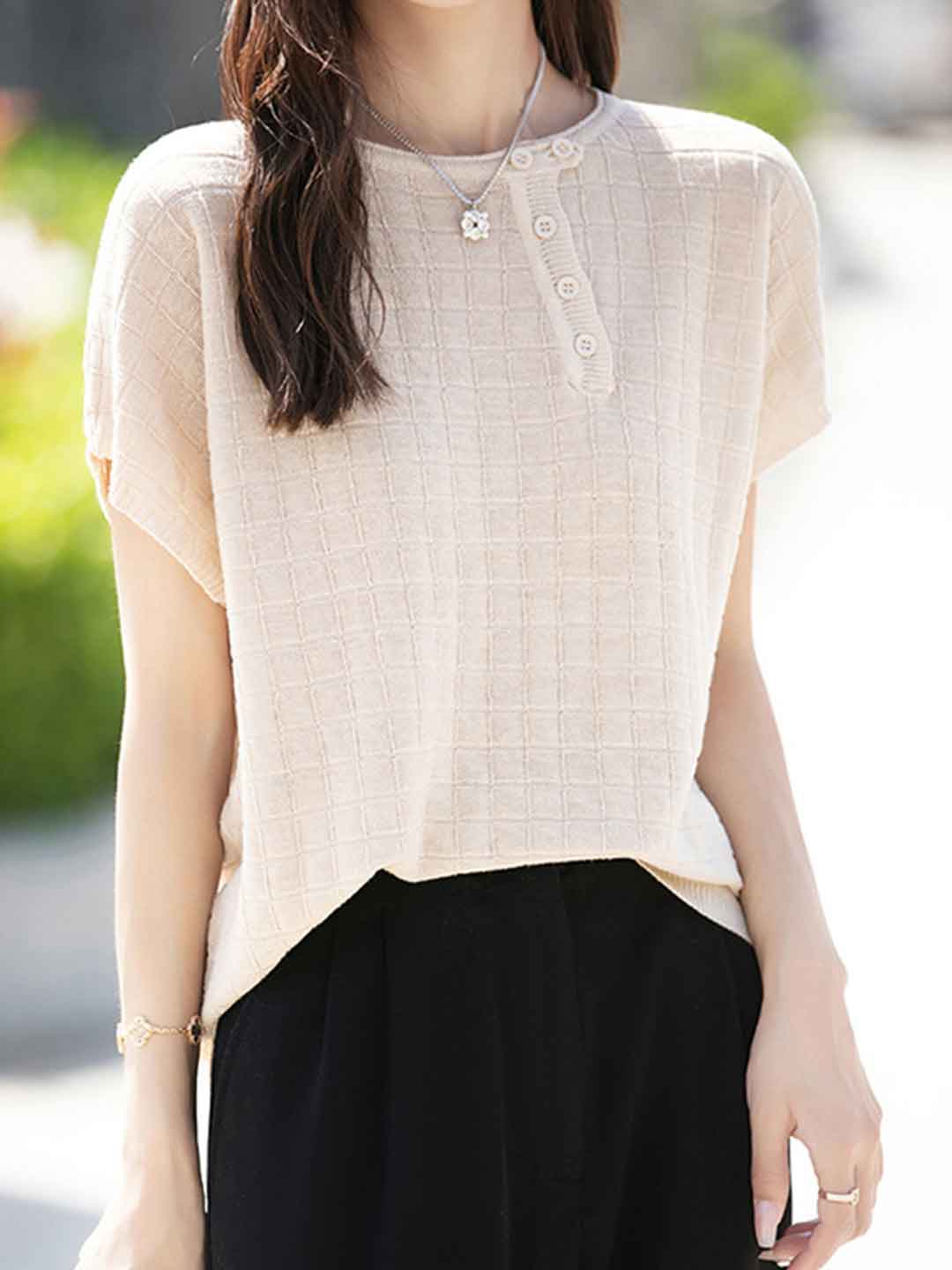 Maya Loose Crew Neck Plaid Knitted Top