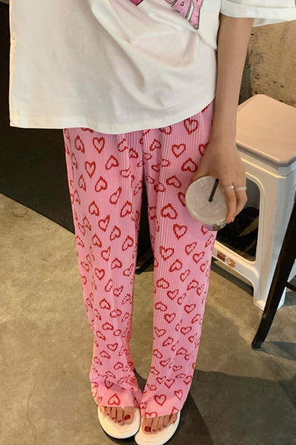 Cute Heart Pattern Casual Pink Pants