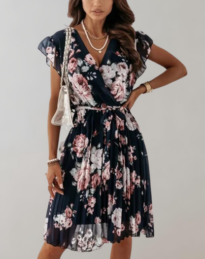 Women’s Classic Double Breasted Floral Print Midi Dress with Ruffle Sleeves | Ideal for Spring/Summer