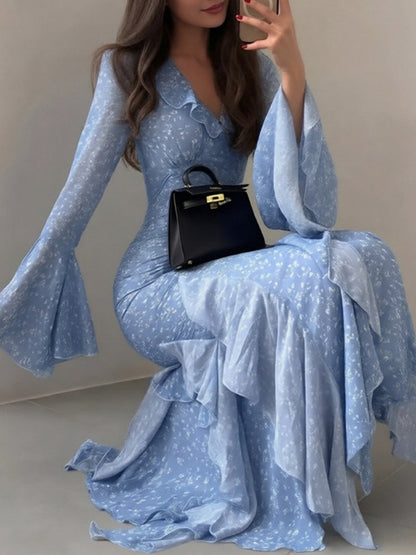 V-neck Ruffle Floral Print Irregular Hem Vacation Midi Dresses