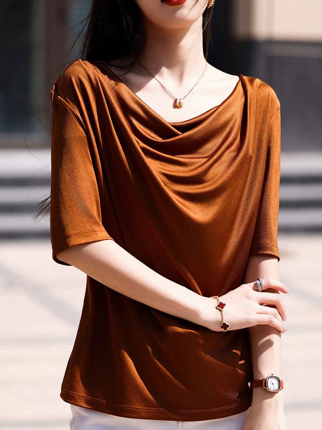 Madison Loose Crew Neck Solid Color Satin Top