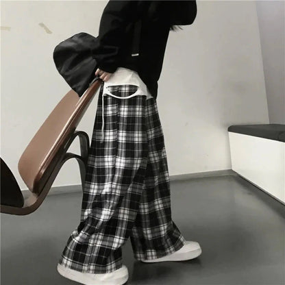 Loose Wide Leg Black And White Plaid Pants