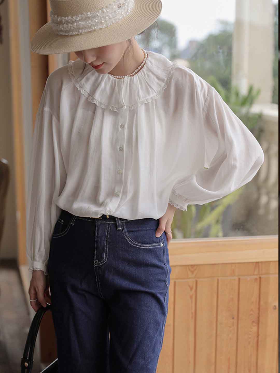 Maria Retro Doll Collar Lantern Sleeve Ruffle Top