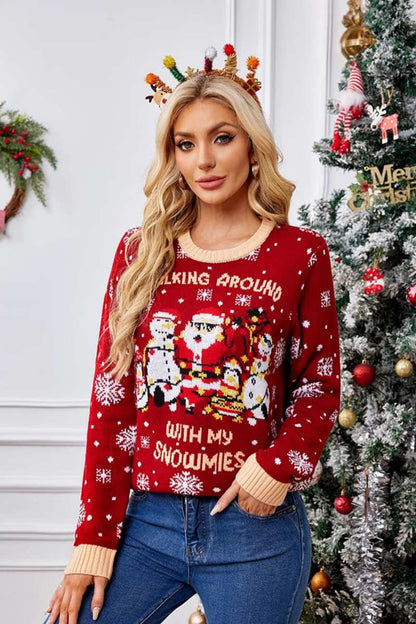Suéter informal de cuello redondo bordado – Papá Noel y pingüino 