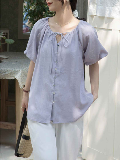 Valeria Classic V-Neck Puff Sleeve Solid Color Top