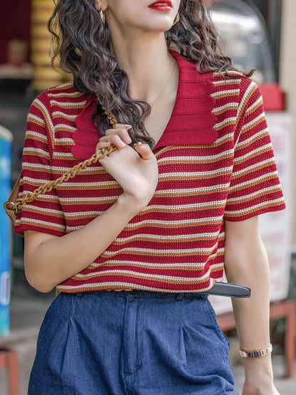 Khloe Retro Polo Striped Knitted Top
