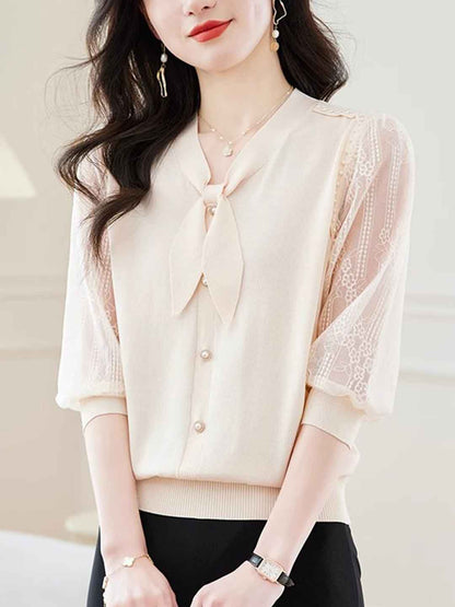 Lillian Loose V-Neck Puff Sleeve Bow Lace Knitted Top