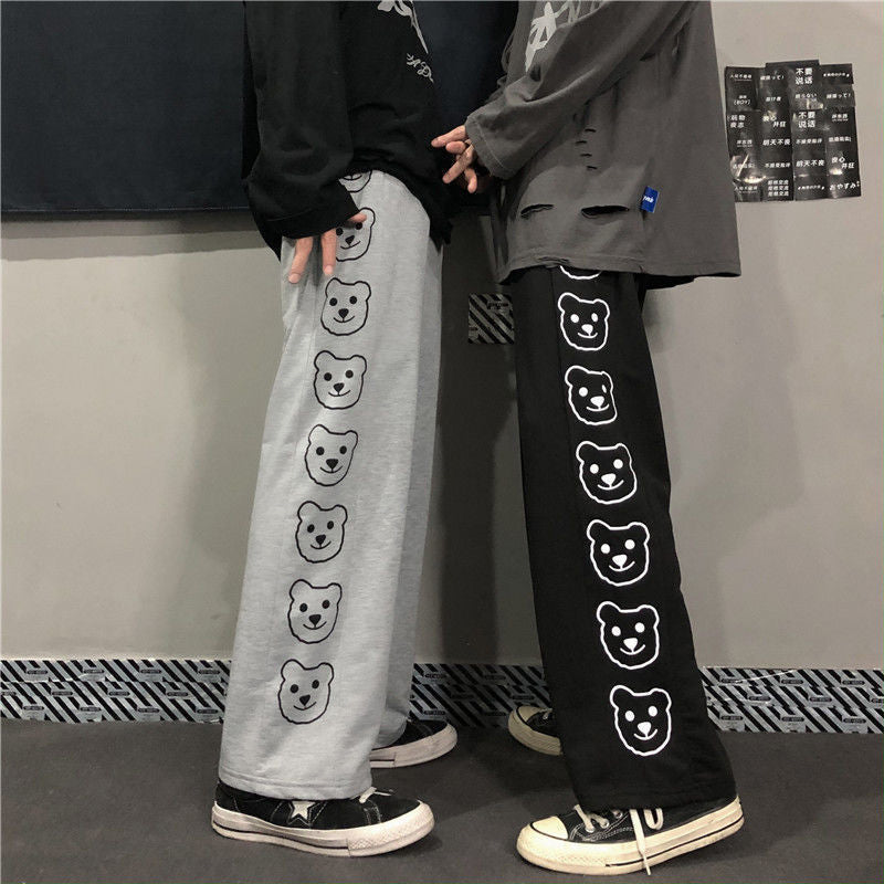 High Waist Bear Side Printed Loose Pants