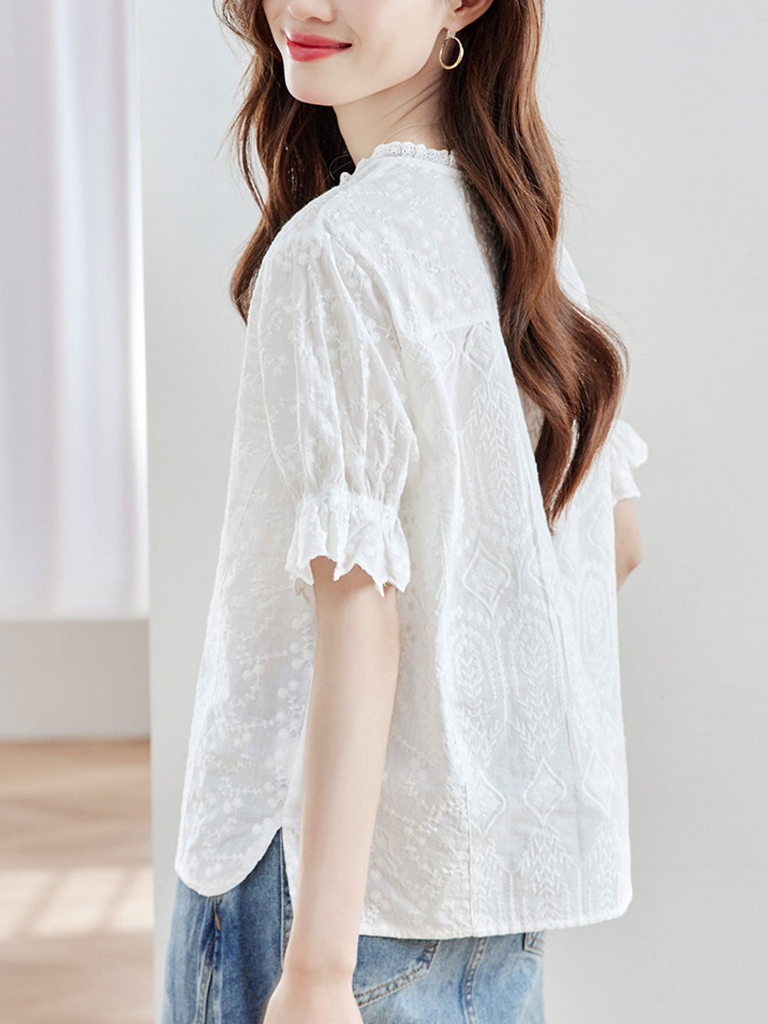 Khloe Loose Crew Neck Ruffle Sleeve Embroidered Top