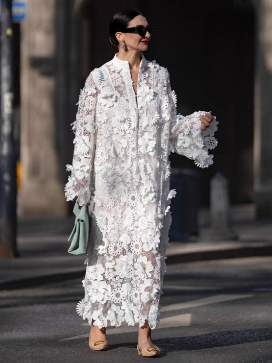 Hollow 3D Flowers Long Sleeve Vacation Maxi Dresses