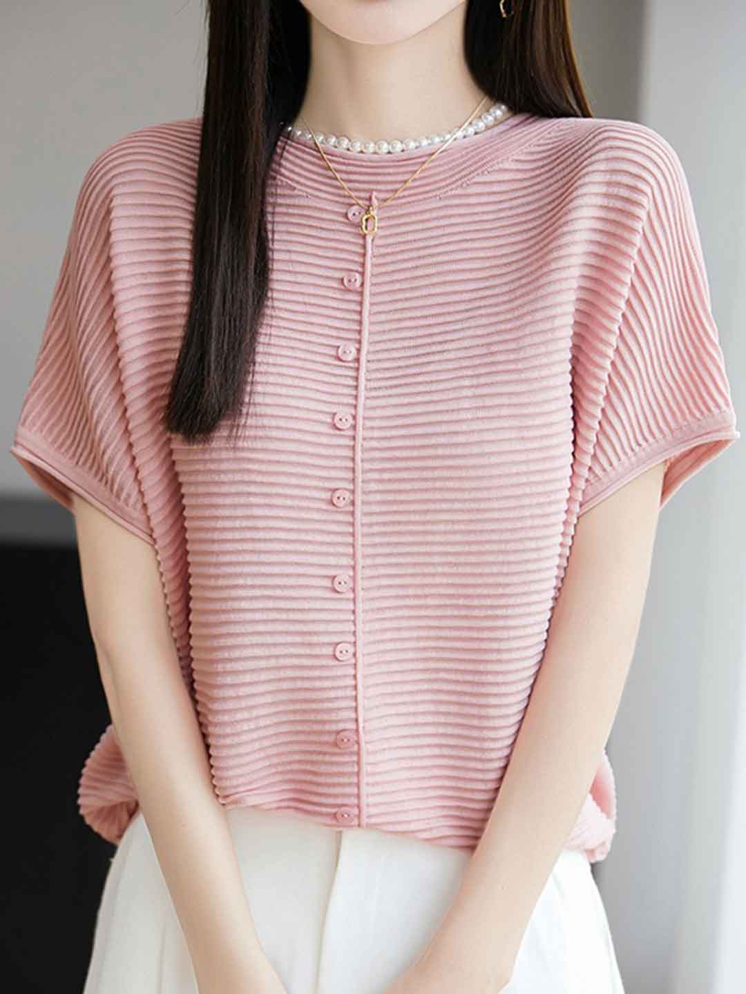 Khloe Classic Crew Neck Striped Solid Color Knitted Top