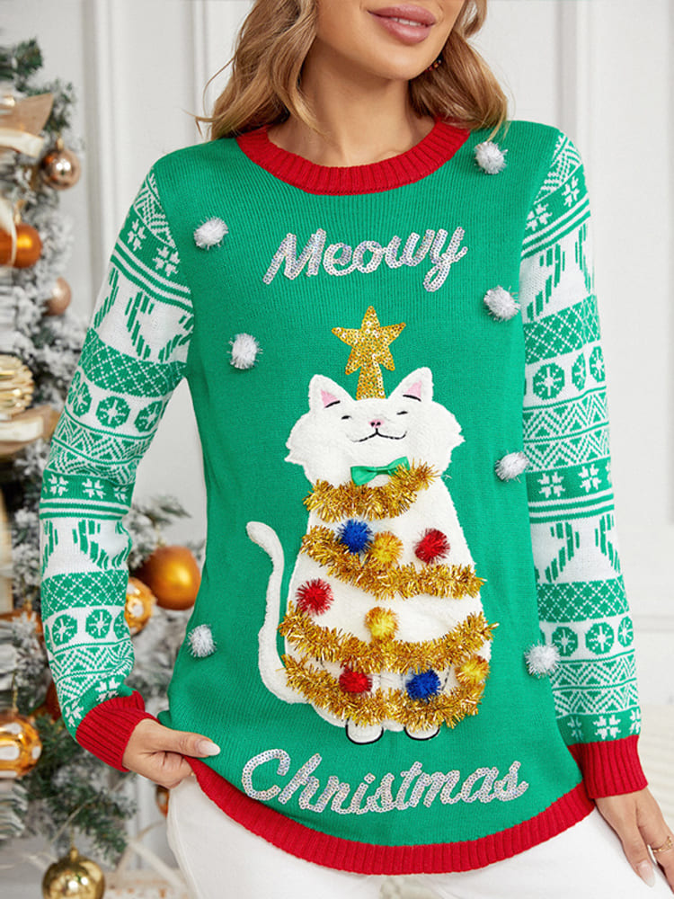Suéter navideño de manga larga con apliques de gato y cuello redondo 