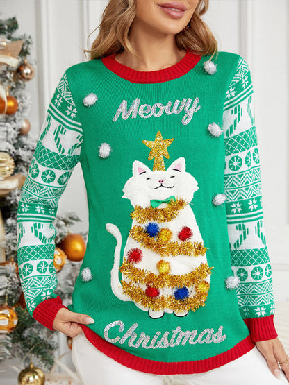 Suéter navideño de manga larga con apliques de gato y cuello redondo 