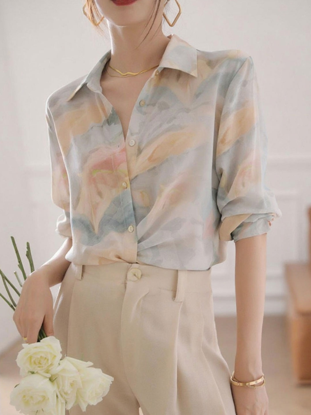 Maria Elegant Lapel Printed Satin Shirt
