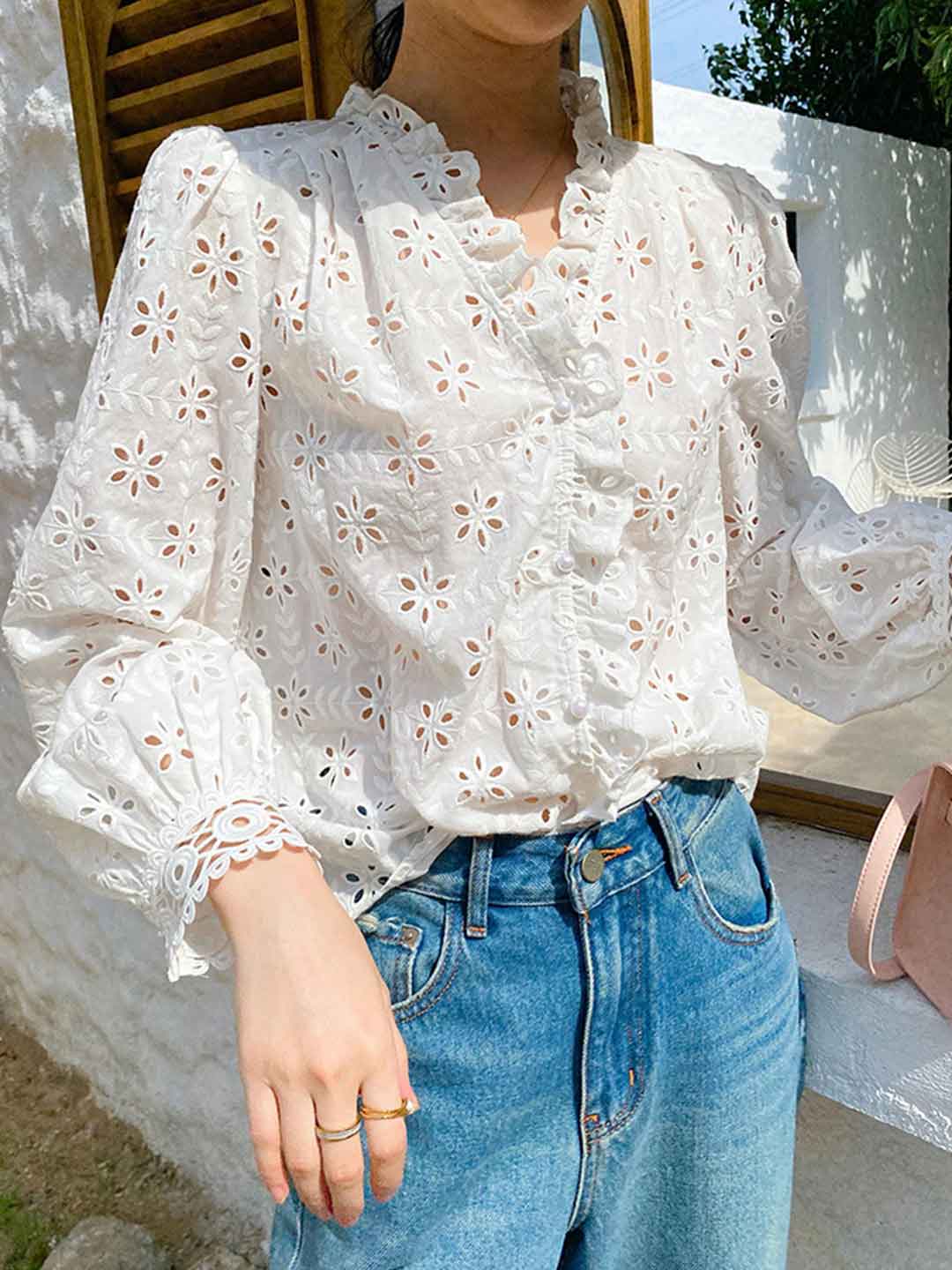 Julia Elegant V-Neck Puff Sleeve Embroidered Top