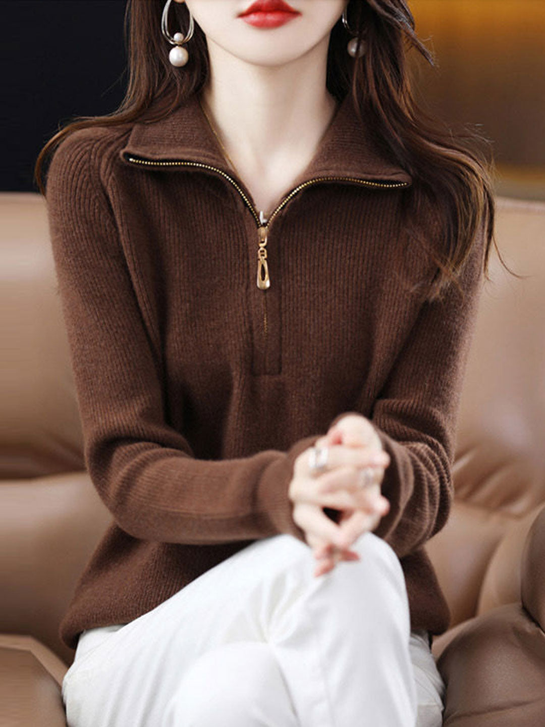 Julia Loose Pullover Zipper Knitted Coat-Apricot