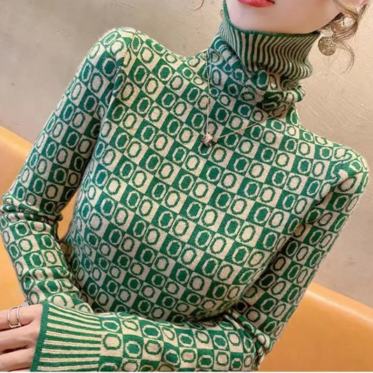 Jersey de cuello alto de jacquard, elegante y ajustado para mujer | Ideal para otoño/invierno