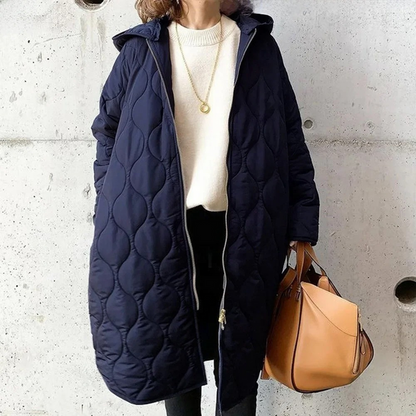 Elegante abrigo largo acolchado con capucha para mujer | Ideal para el invierno
