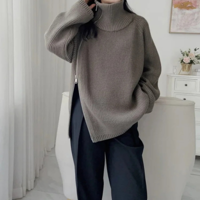 Jersey informal de cuello alto para mujer con cremallera lateral | Ideal para otoño/invierno