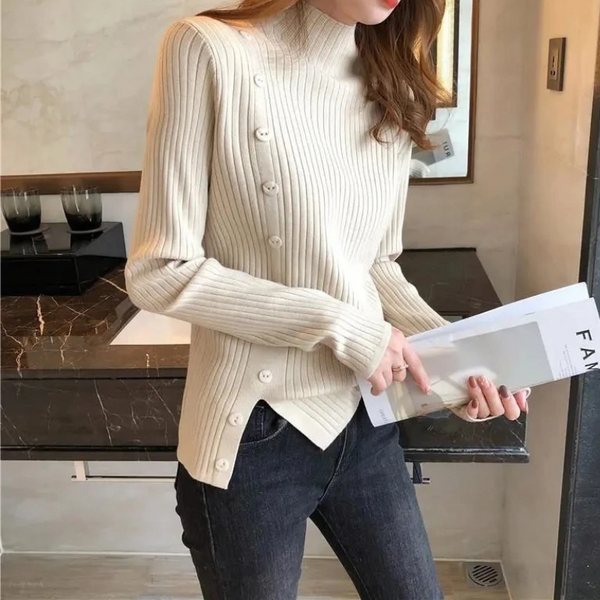 Elegante jersey de punto de cuello alto para mujer con botón y abertura | Ideal para otoño/invierno