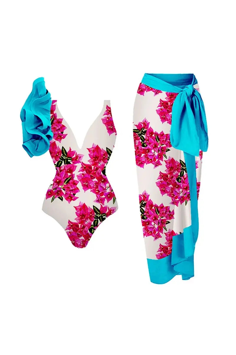 Conjunto de traje de baño de una pieza con volantes florales