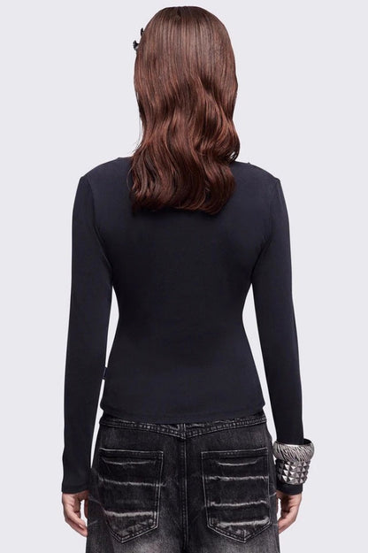 American Y2K Dark Aesthetic Black Print V-neck Long Sleeve Knit Top