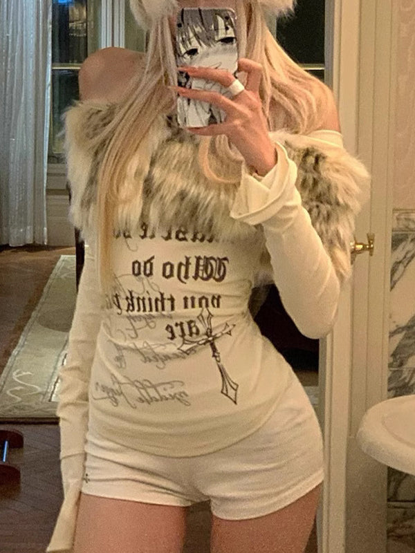 Sexy Hot Girl Fur Collar Letter Print Long Sleeve