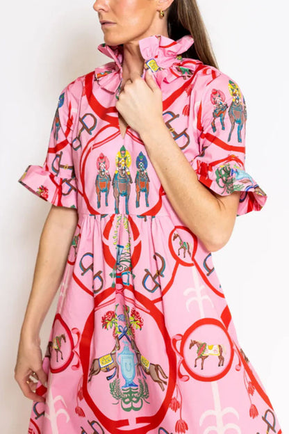 Churchill Social Playful Warhorse Print Stand Neck Ruffle Sleeve Belted Pocket Caftan Midi Dress