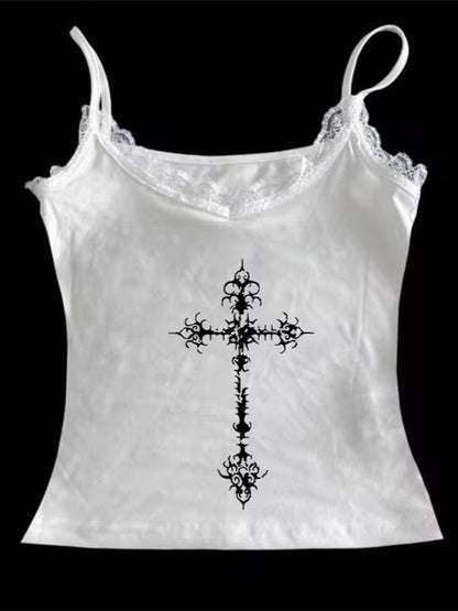 Gothic Cross Print Lace Trim Crop Top